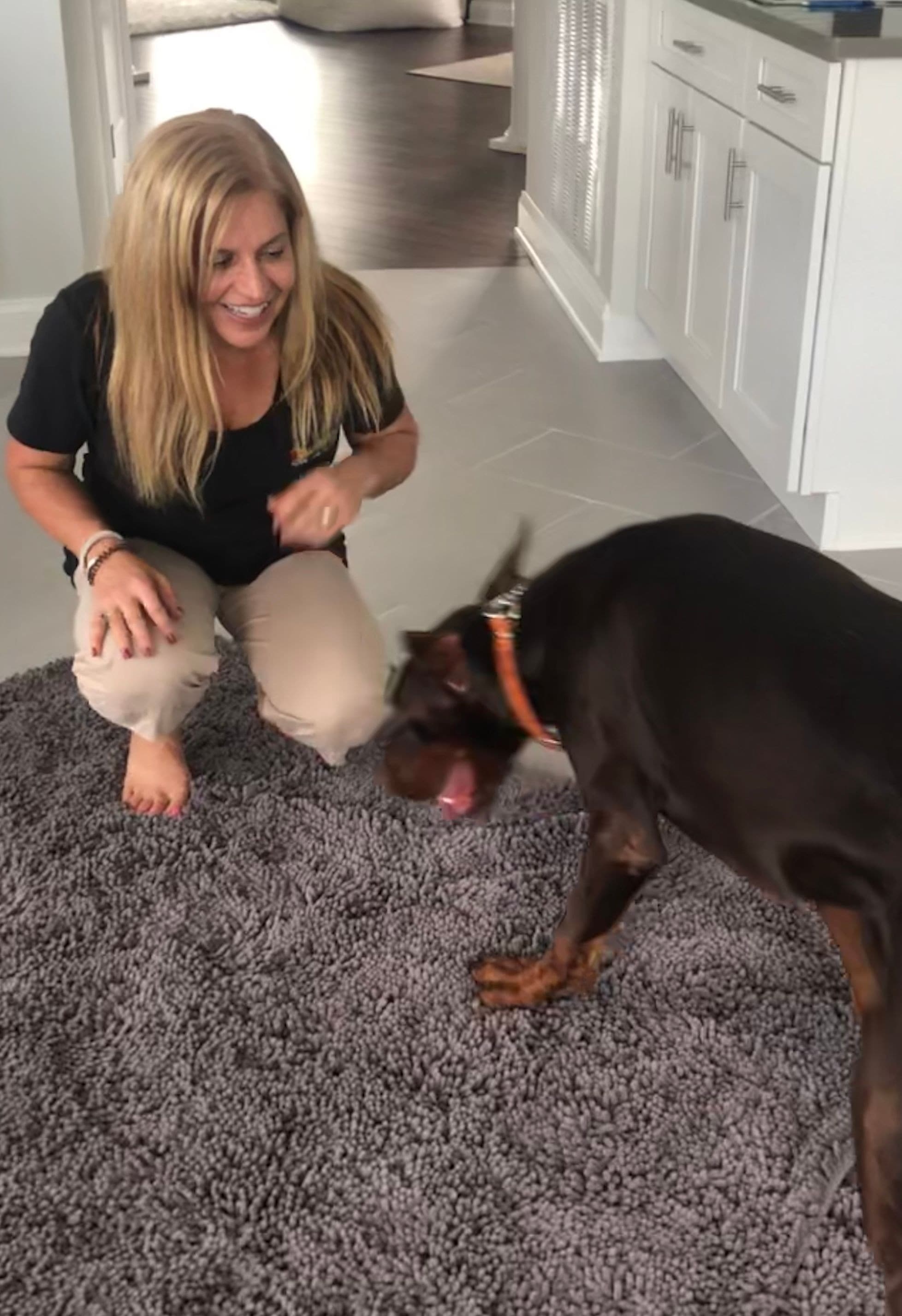 Happy Sharon with a Brown Dog